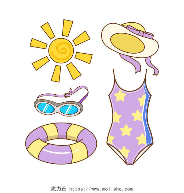 晴天泳衣太阳墨镜游泳圈遮阳帽服装天气和衣服组合套装卡通元素服装配饰